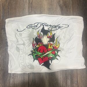 Ed Hardy White Graphic Tube Top Burning Heart Tattoo Print size large strapless